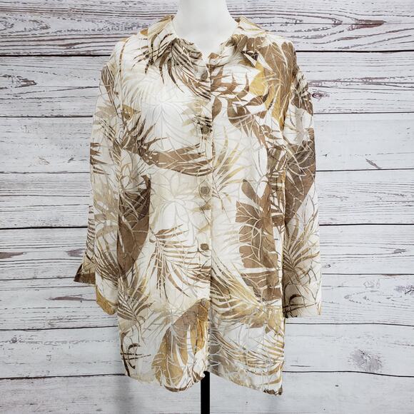 Alfred Dunner Women's  Leaf Print Light Sheer Button Up  Top Size 16W - Picture 1 of 11